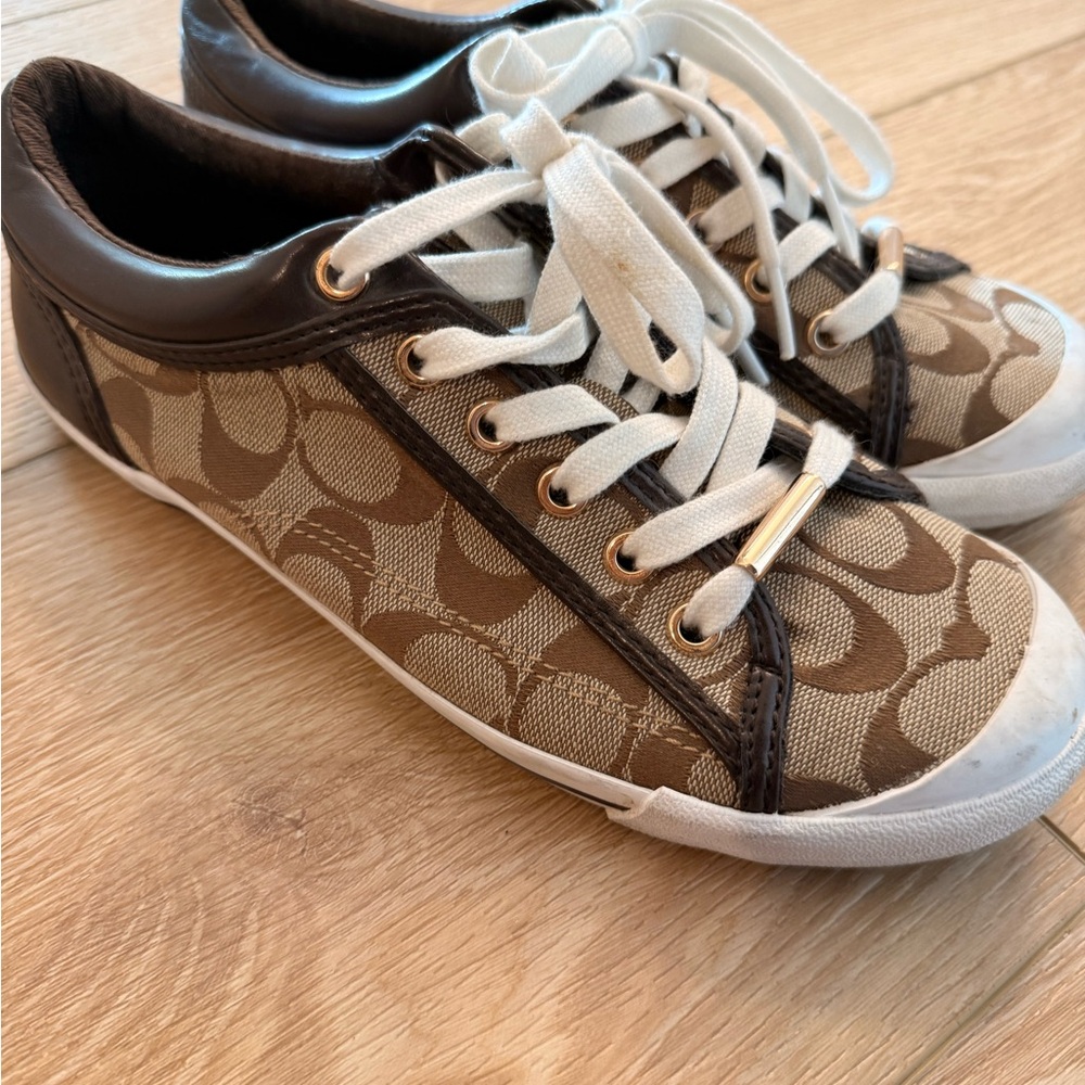 Coach Signature Brown and Cream Lace-Up Sneakers